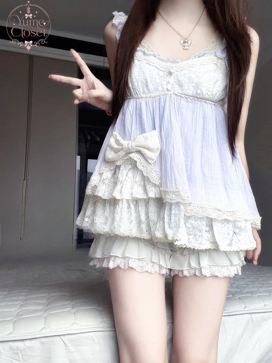Lace Trim Cami - Coquette Ryousangata Dollcore Japoński Vintage 2-częściowy